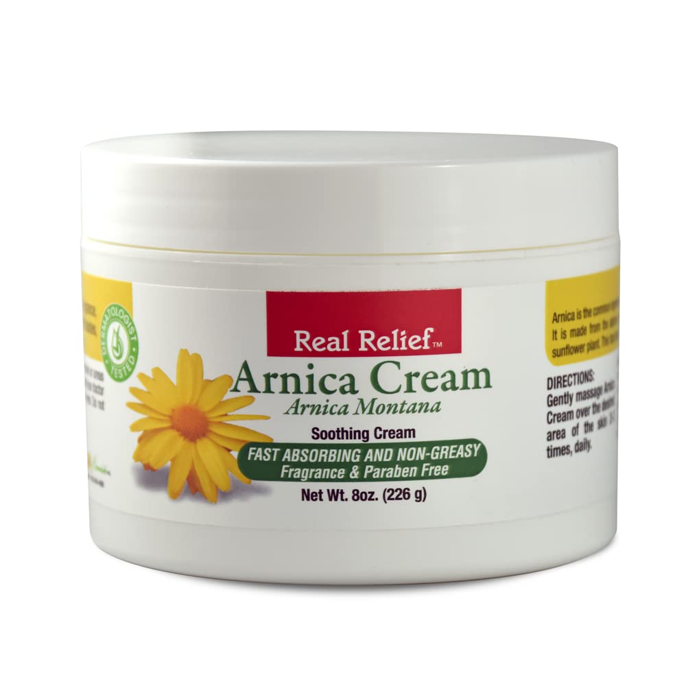 Real Relief Arnica Cream con absorción rápida para alivio localizado durante el masaje.