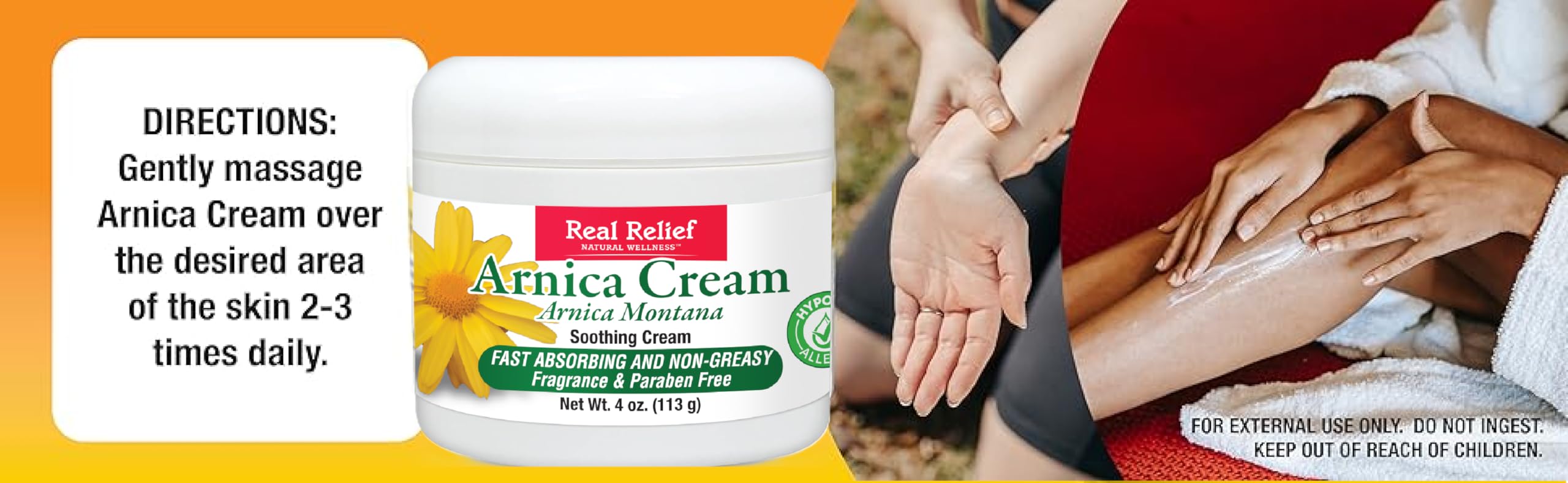 Real Relief Arnica Cream para masaje terapéutico, se aplica suavemente.