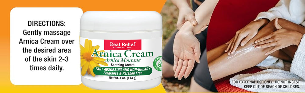 Real Relief Arnica Cream para masaje terapéutico, se aplica suavemente.