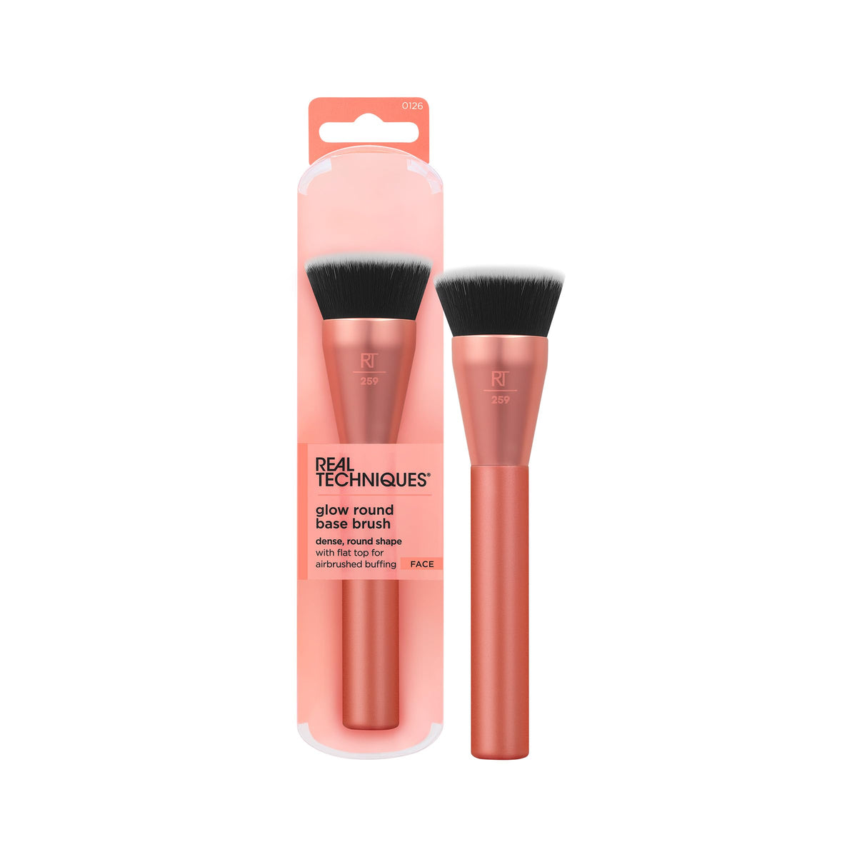 Real Techniques Glow: brocha base redonda para difuminar áreas difíciles con precisión.