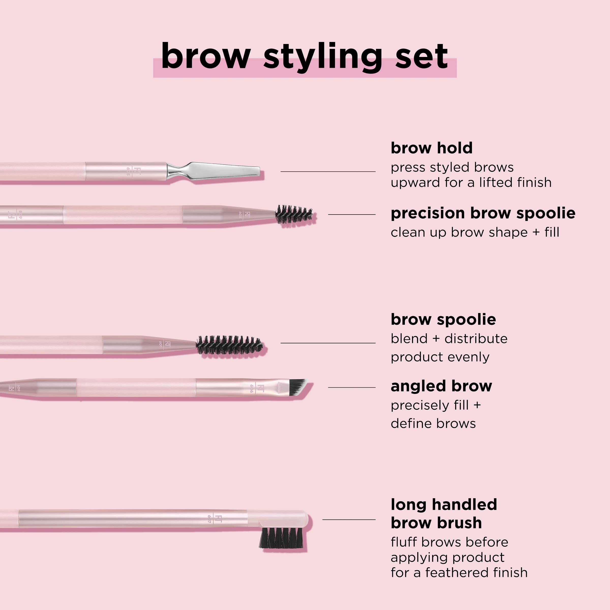 Real Techniques Brow Styling Set, dúo 606/601, brocha angular y cepillo espiral para fijar.