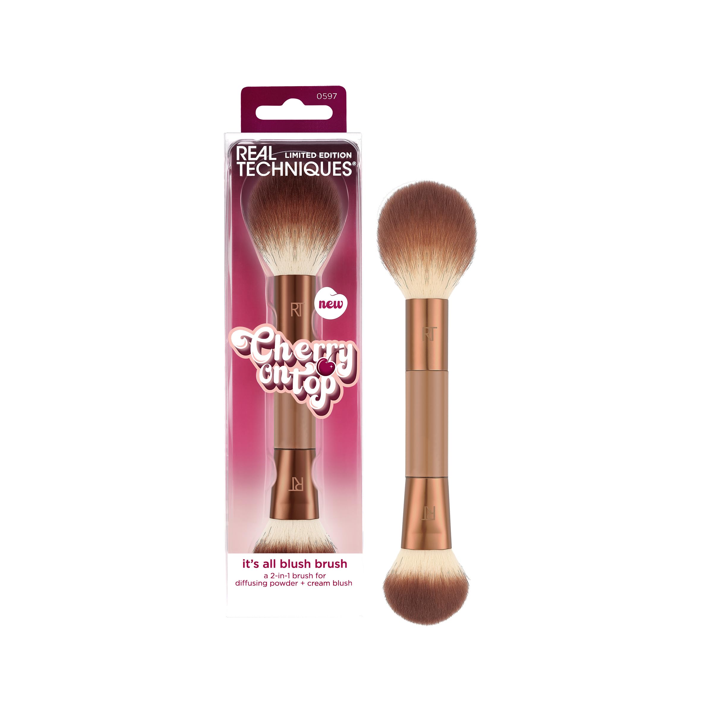 Real Techniques It’s All Blush Brush, cepillo doble para mejillas, difumina rubor con versatilidad