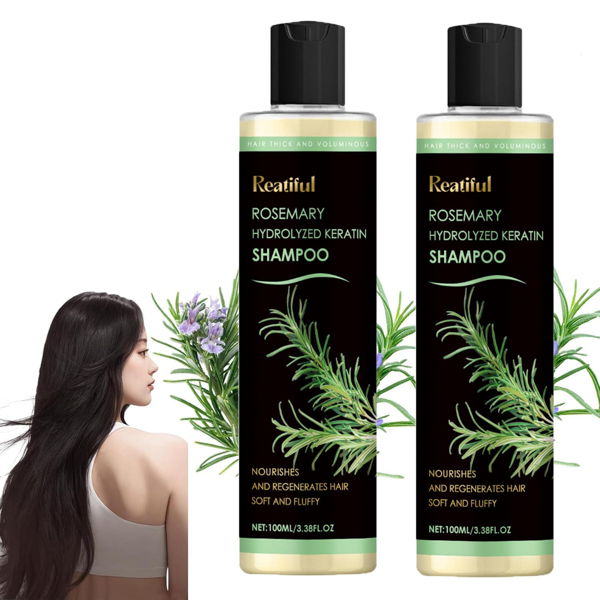 REATIFUL champú romero - botella visible, cuidado diario para cabello con romero.