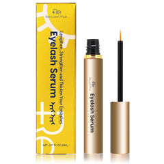 Botella de Recuren Plus Serum en oro champán, diseño premium para pestañas más voluminosas.