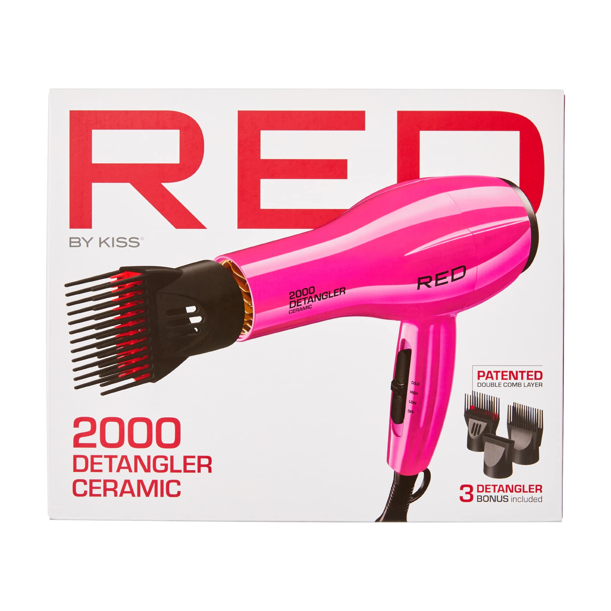Secador RED by KISS 2000 cerámico, apto para todo tipo de cabello y tres temperaturas.