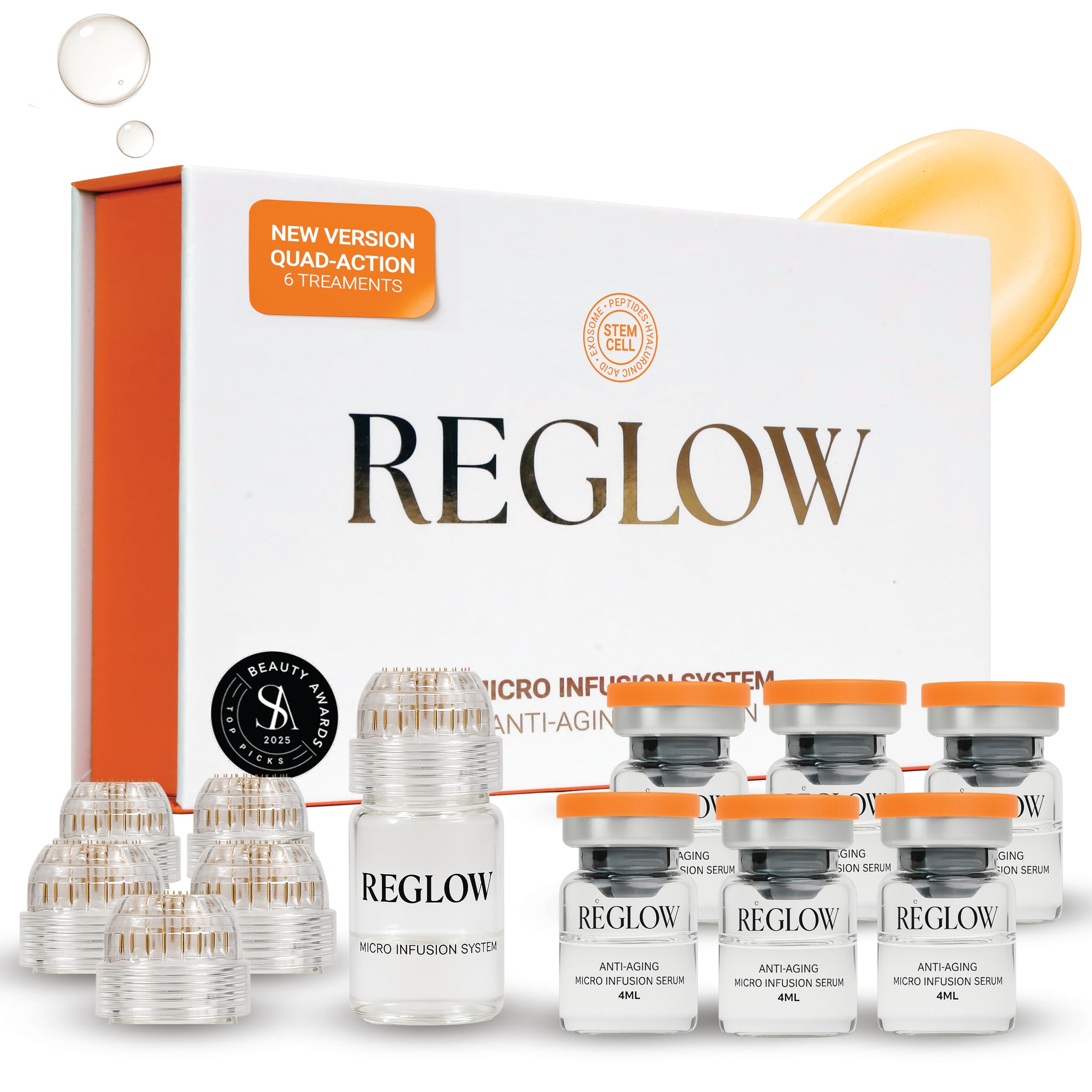 ReGlow sistema microinfusión facial: posible mejora de absorción del serum y resultados visibles.