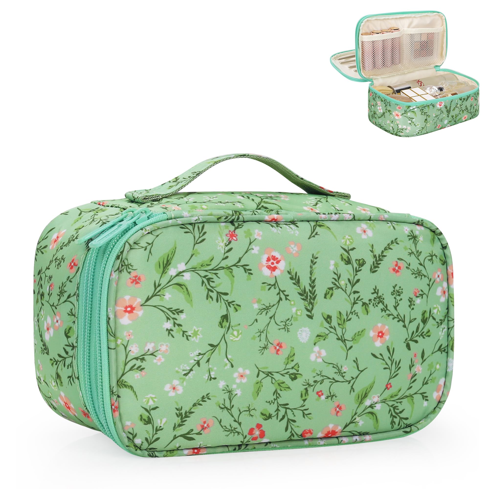 Relavel bolsa maquillaje floral verde, tamaño compacto ideal para viaje y organización diaria.