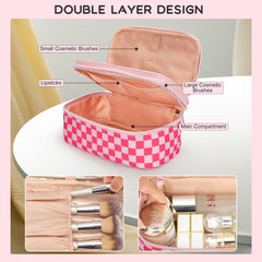 Relavel bolsa de maquillaje rosa, bolsillos de malla para sombras y rubor, buena visibilidad