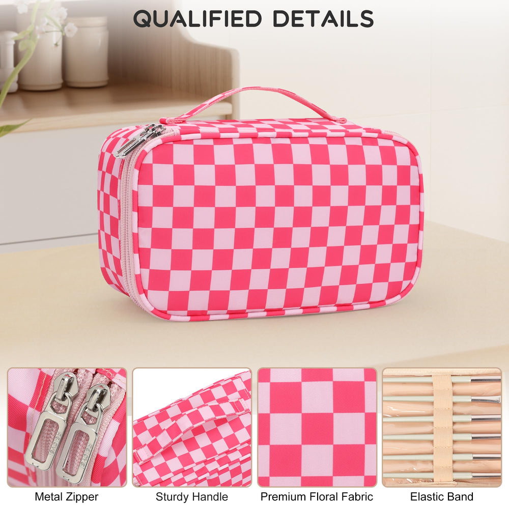 Relavel bolsa de maquillaje rosa, capas con bandas elásticas para lápices y delineadores