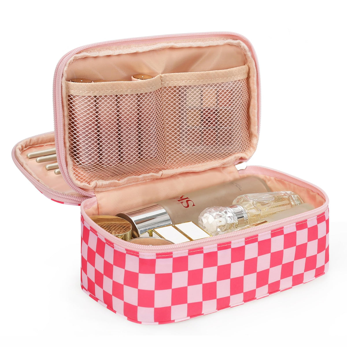 Relavel bolsa de maquillaje rosa, vista frontal, mantiene cosméticos organizados para uso diario