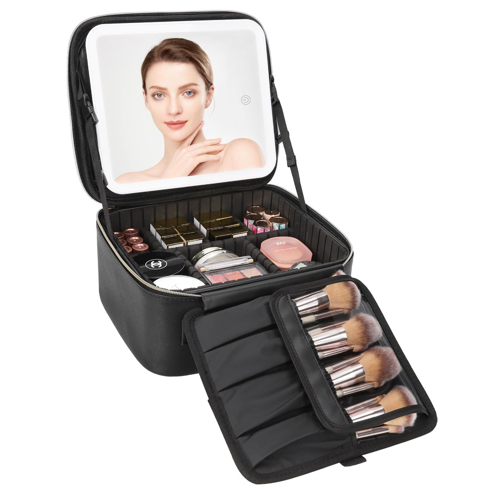 Relavel bolsa de maquillaje de viaje con espejo LED, ideal para retoques rápidos.