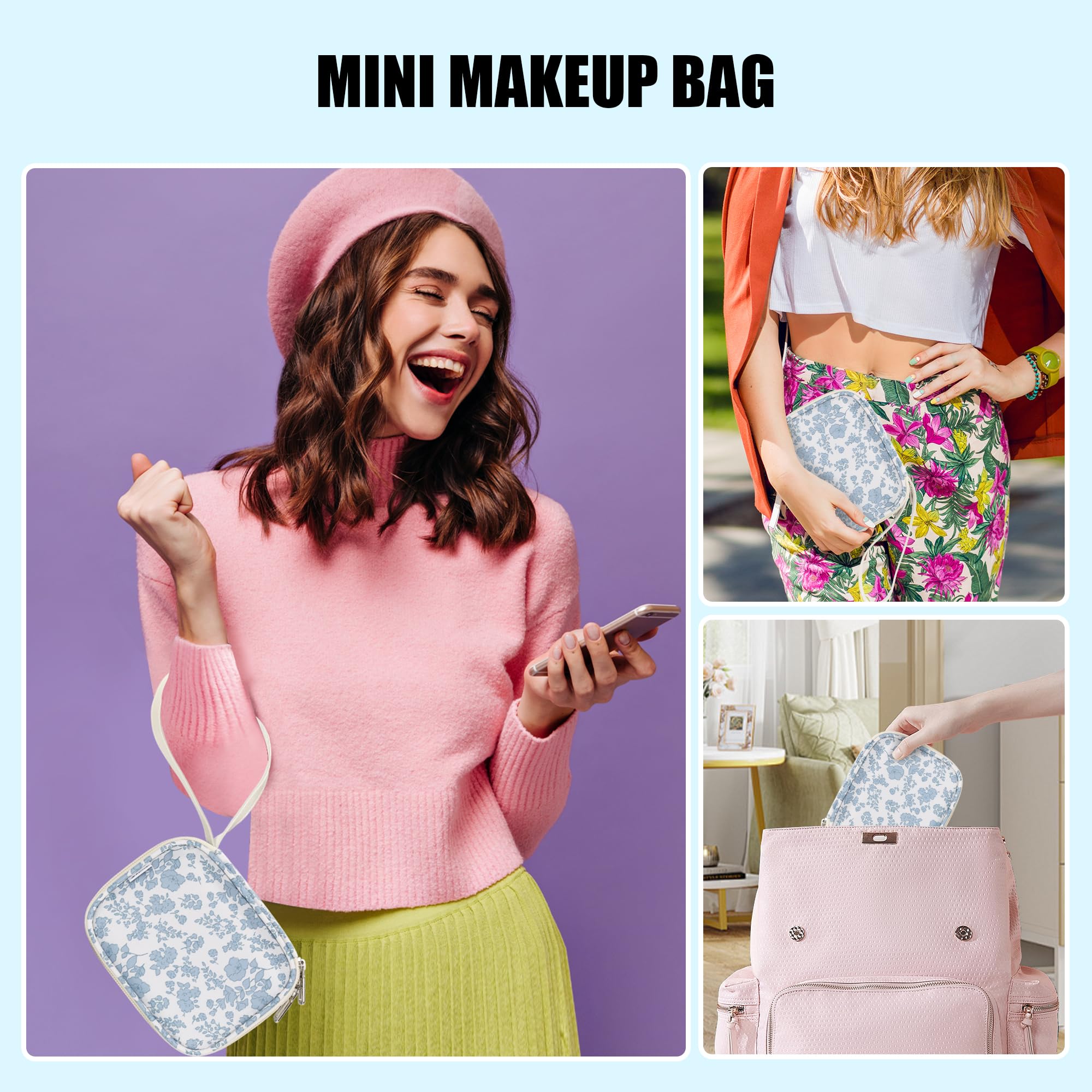 Relavel bolso maquillaje mini con correa para muñeca y transporte cómodo.