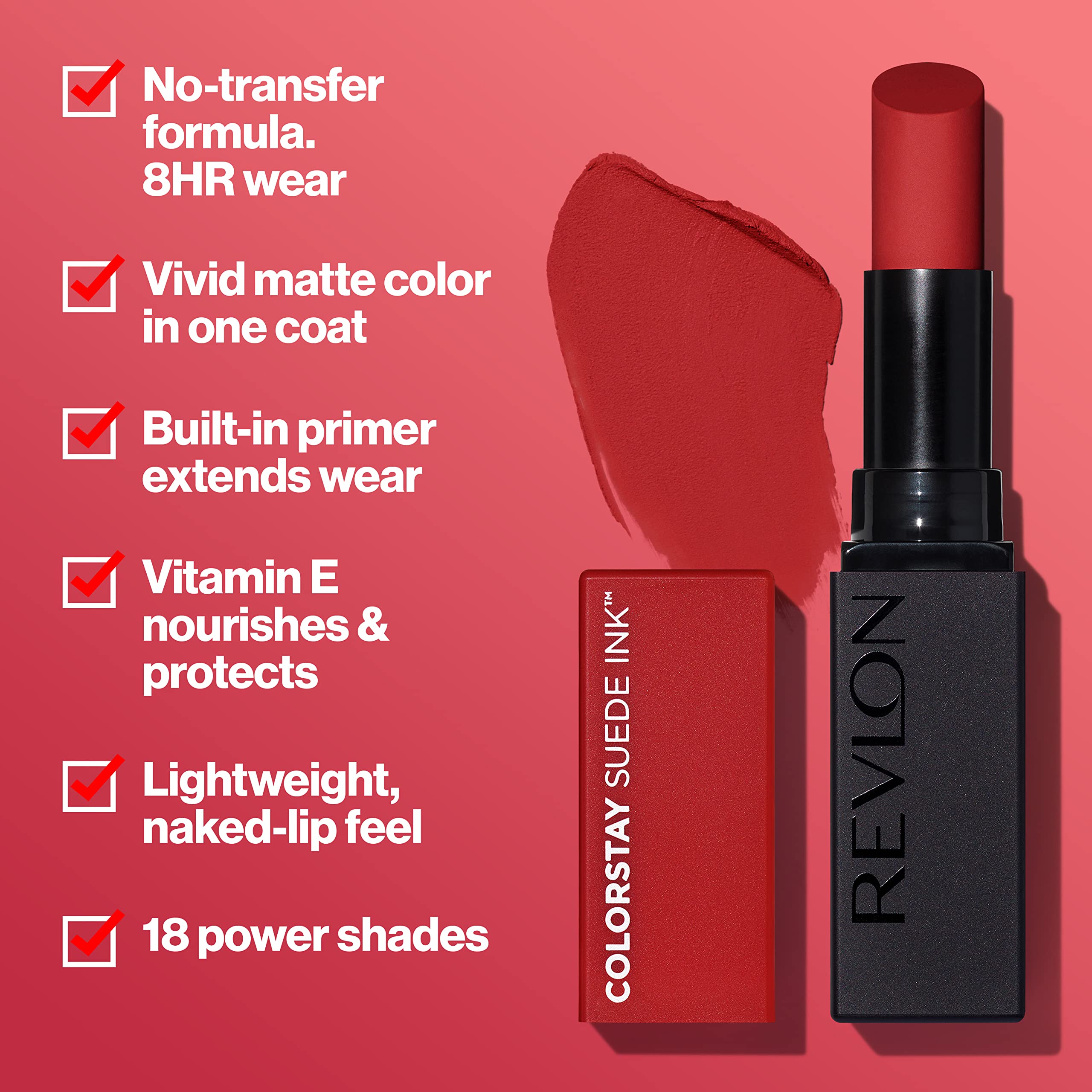 Revlon ColorStay Suede Ink, barra labial angulada para aplicación precisa.