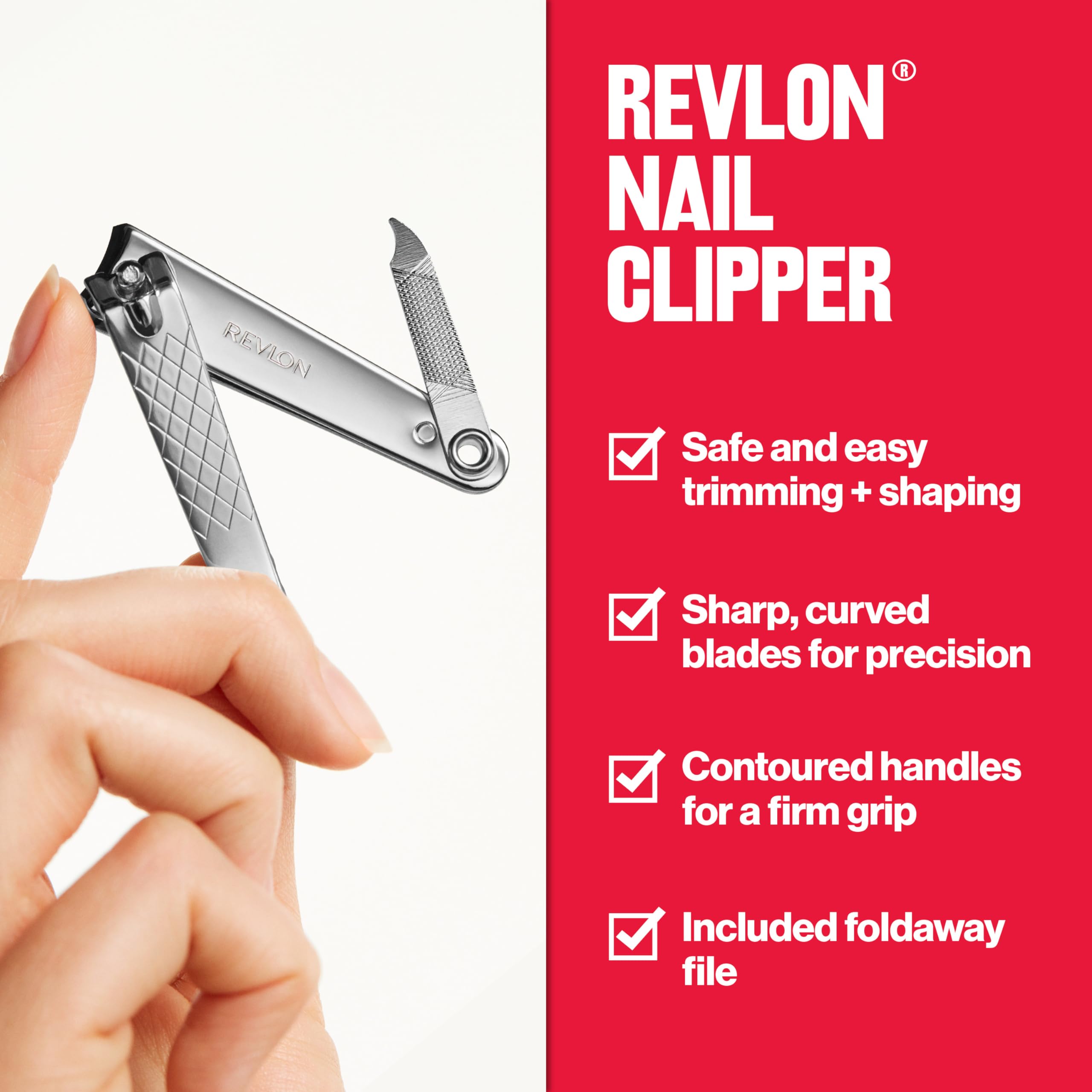 REVLON corta uñas, palanca-acción para uso ambidiestro y control.