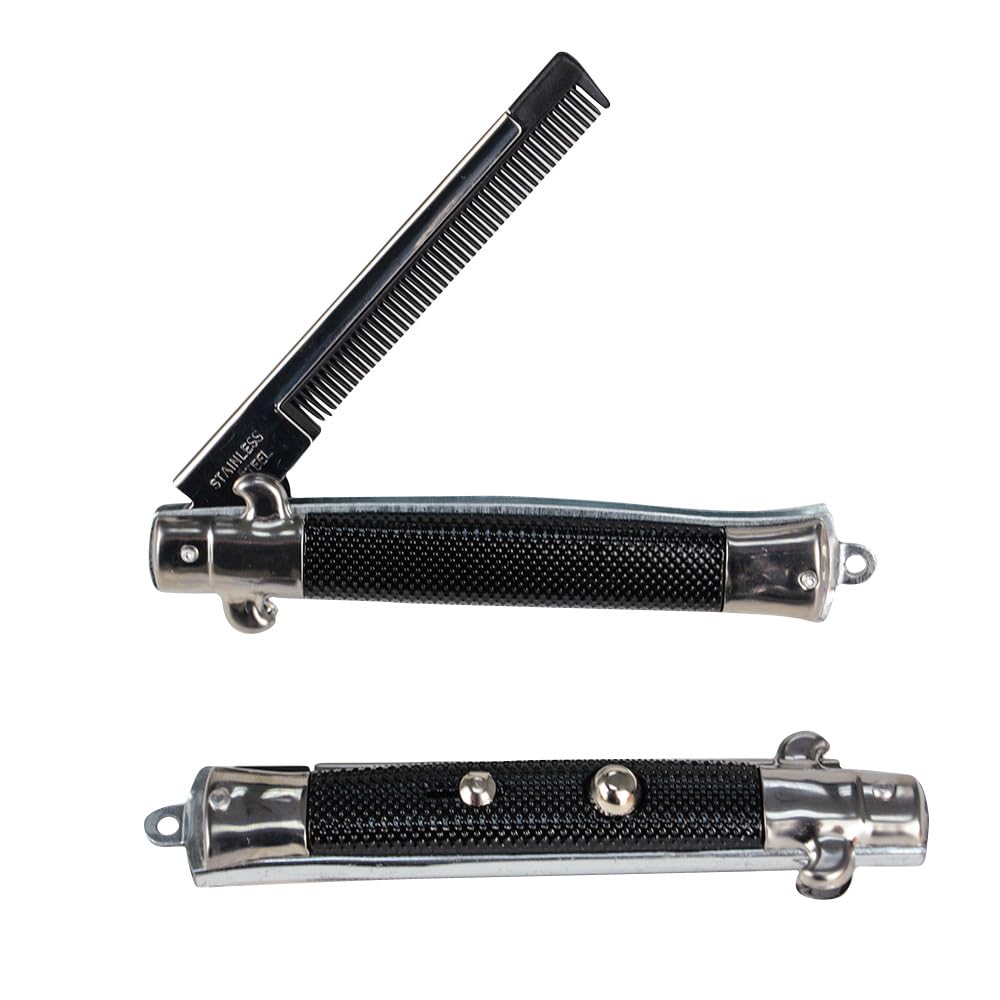 Detalle del peine switchblade de acero inoxidable con acabado retro.