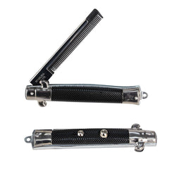 Detalle del peine switchblade de acero inoxidable con acabado retro.