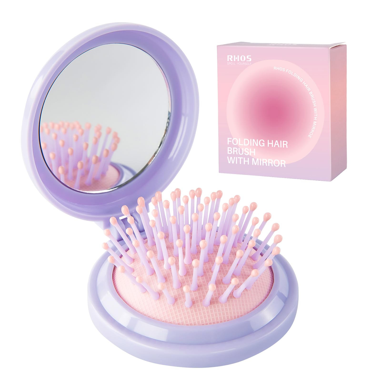 RHOS cepillo compacto con espejo morado para retoques en cualquier lugar