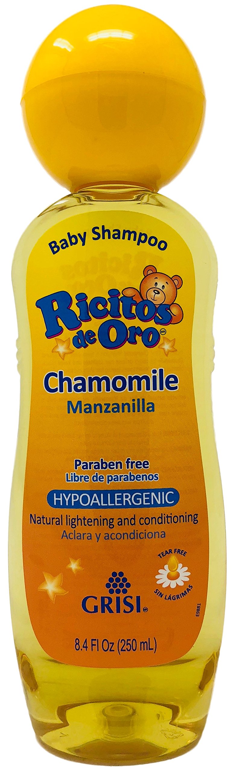 Ricitos de Oro Champú de Manzanilla para Bebés, botella frontal con etiqueta suave y aroma calmante.