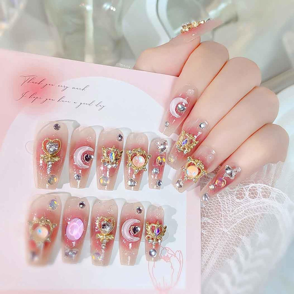 RikView uñas postizas forma ataúd rosa 3D con brillo para ocasiones