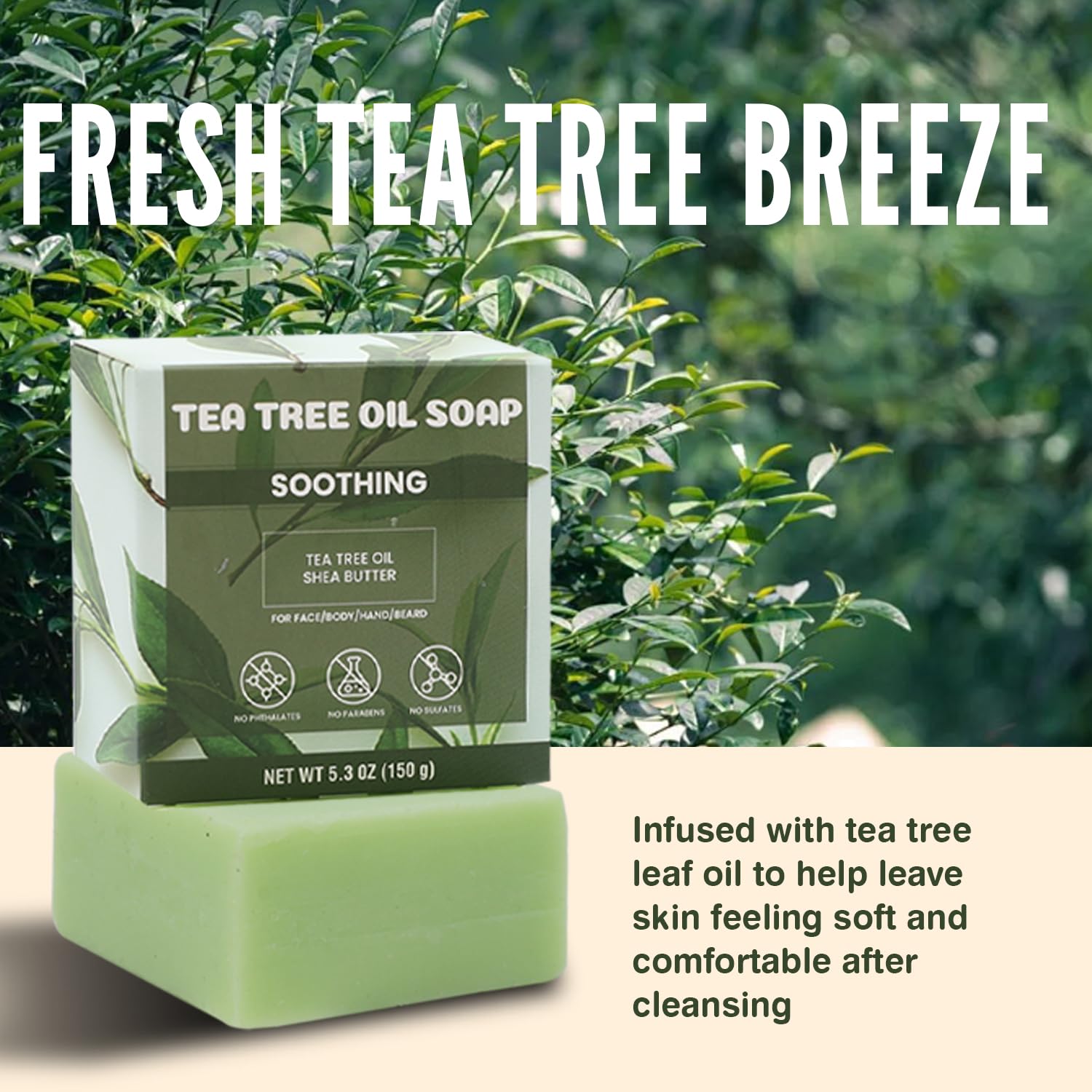 Uso diario para rostro y manos con Jabón Rinse & Robust de árbol de té.