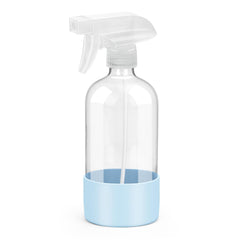 Rionisor botella spray de vidrio azul, ideal para soluciones de limpieza caseras.