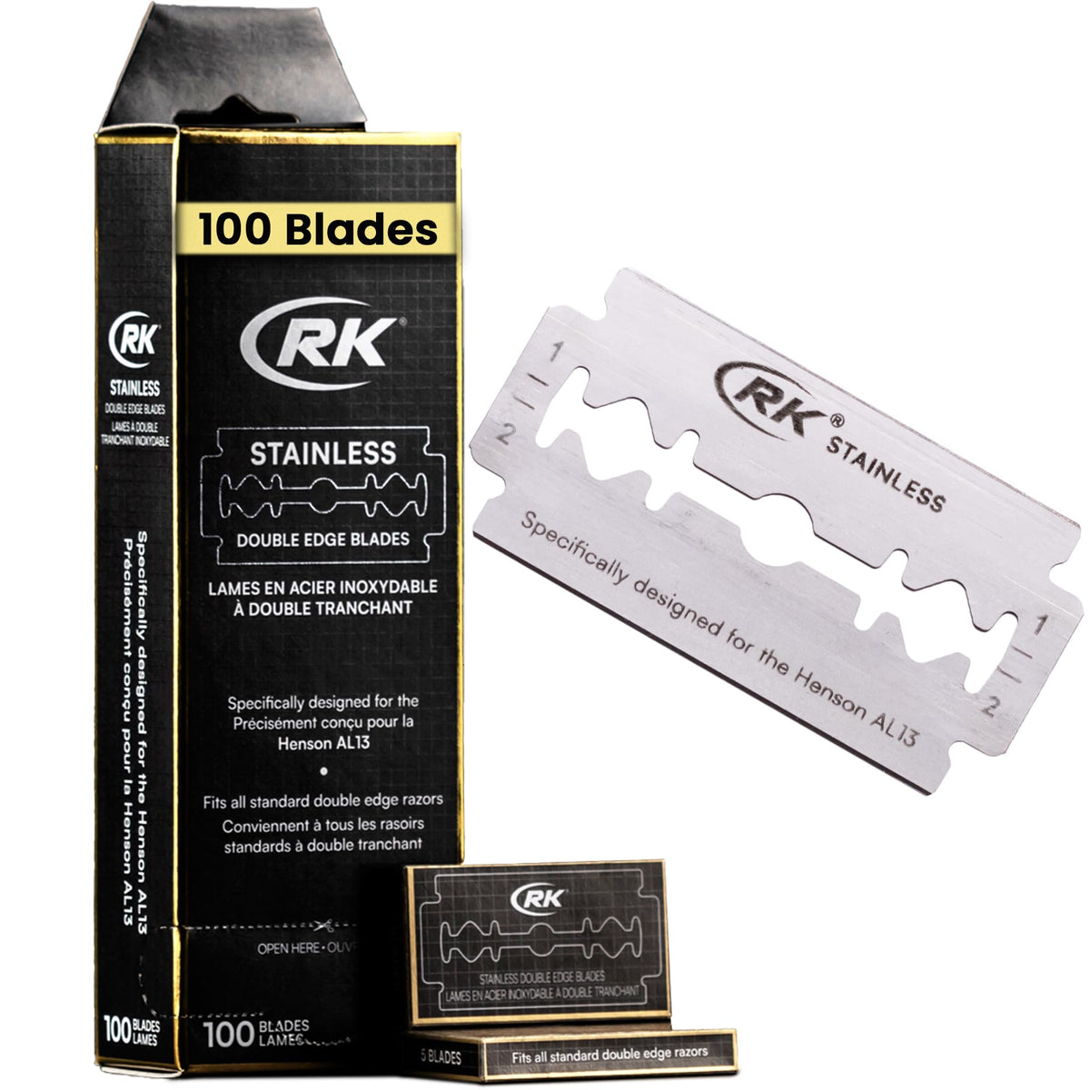 RK Shaving: cuchilla doble filo en empaque de 100, afeitado consistente sin irritación.
