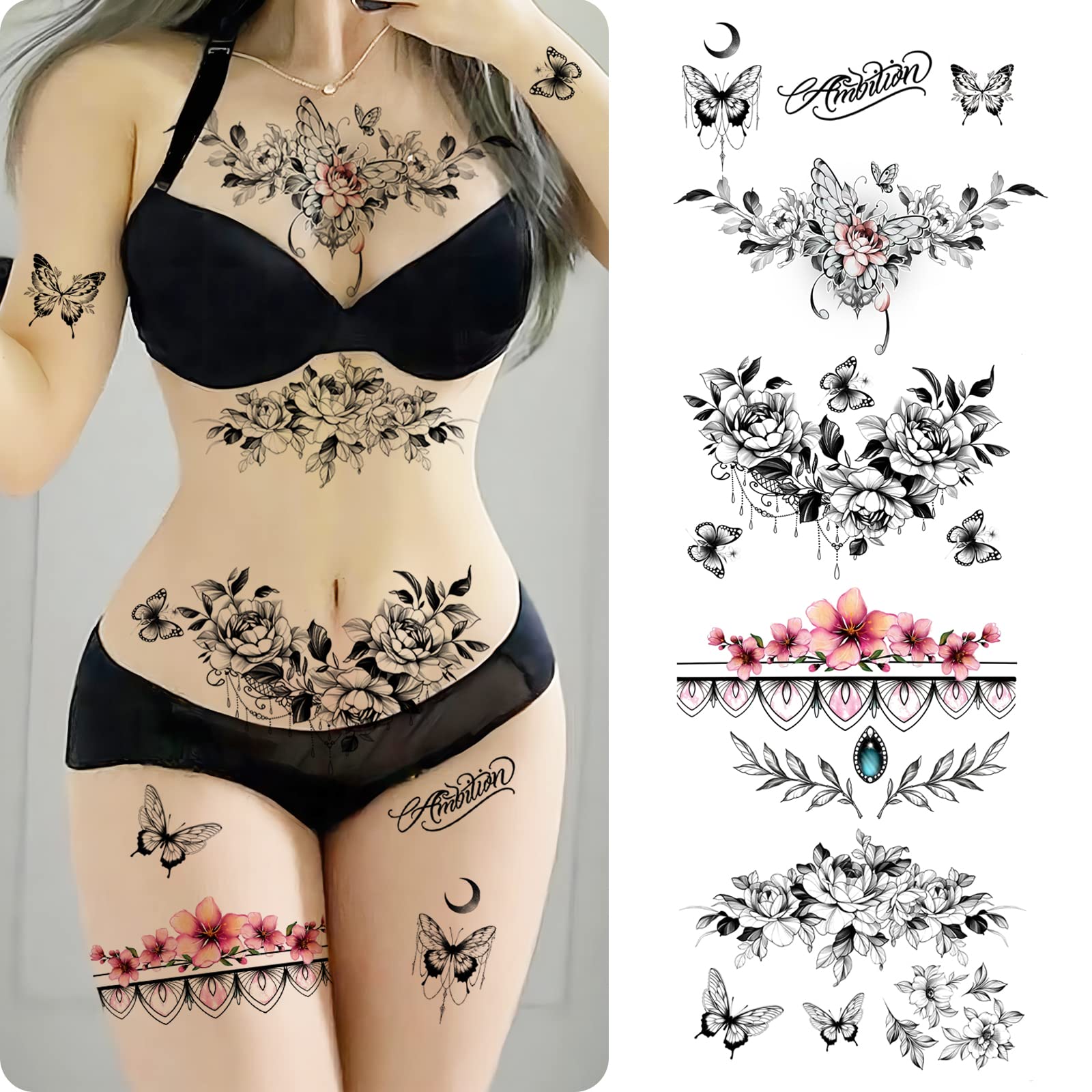 ROARHOWL tatuaje con mariposas 3D, ideal para hombros y espalda.