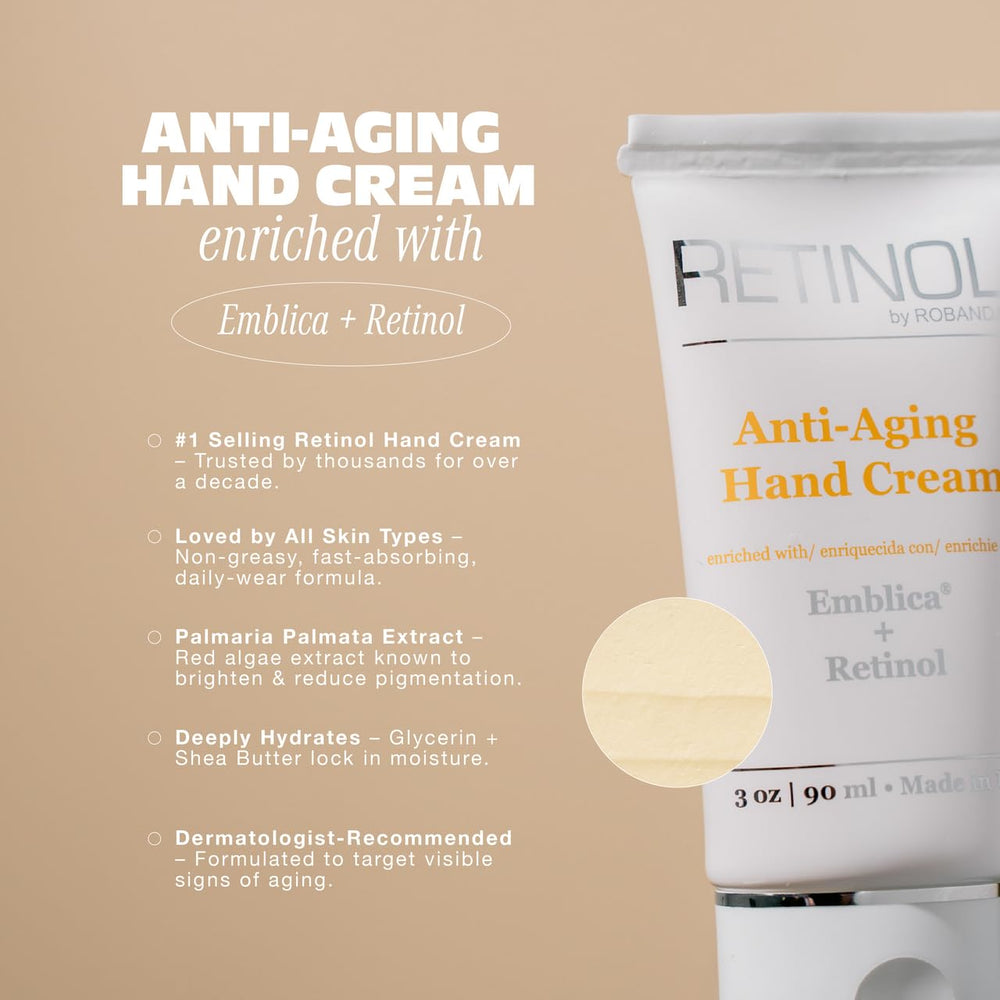 Robanda crema de manos retinol, absorción rápida para días ocupados.
