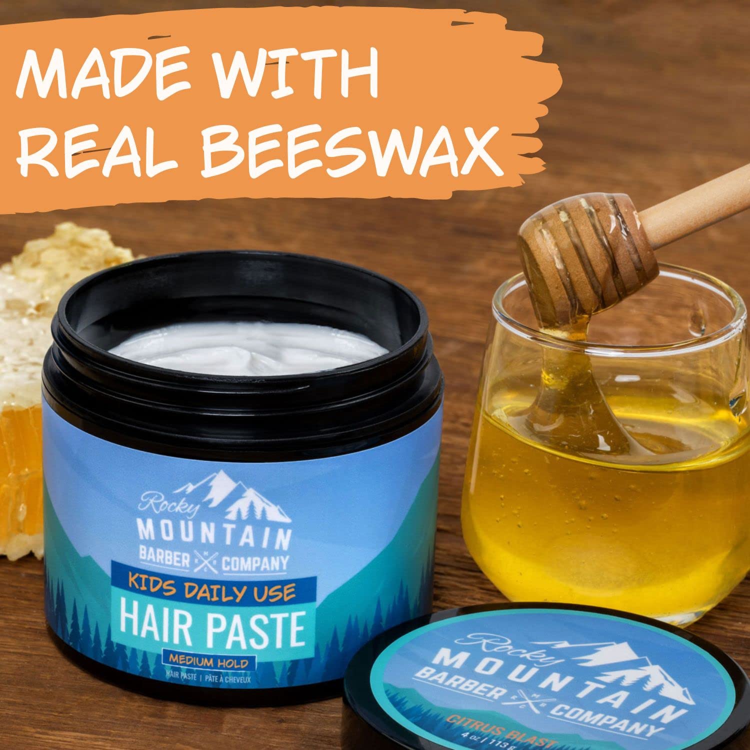 Rocky Mountain Barber Company pasta para peinar infantil aroma cítrico suave.