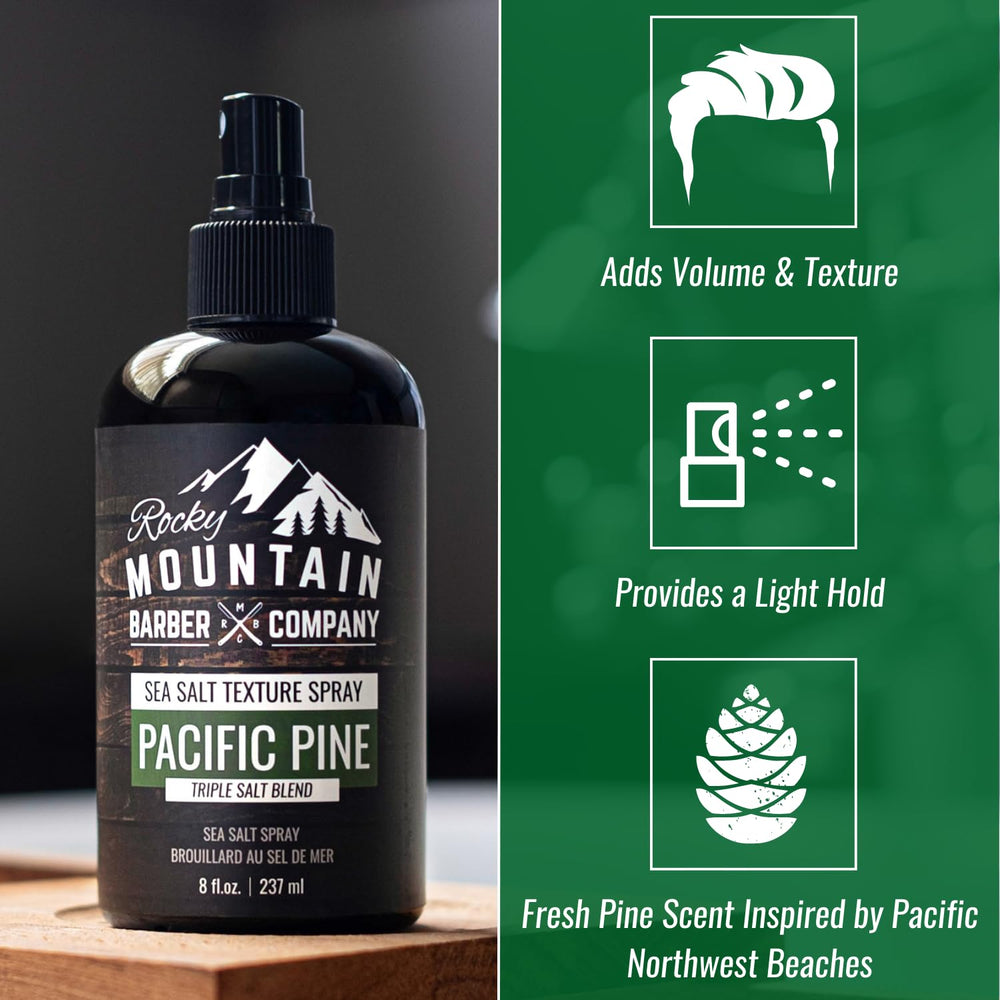 Rocky Mountain Barber Sea Salt Spray, aroma a pino que acompaña el peinado