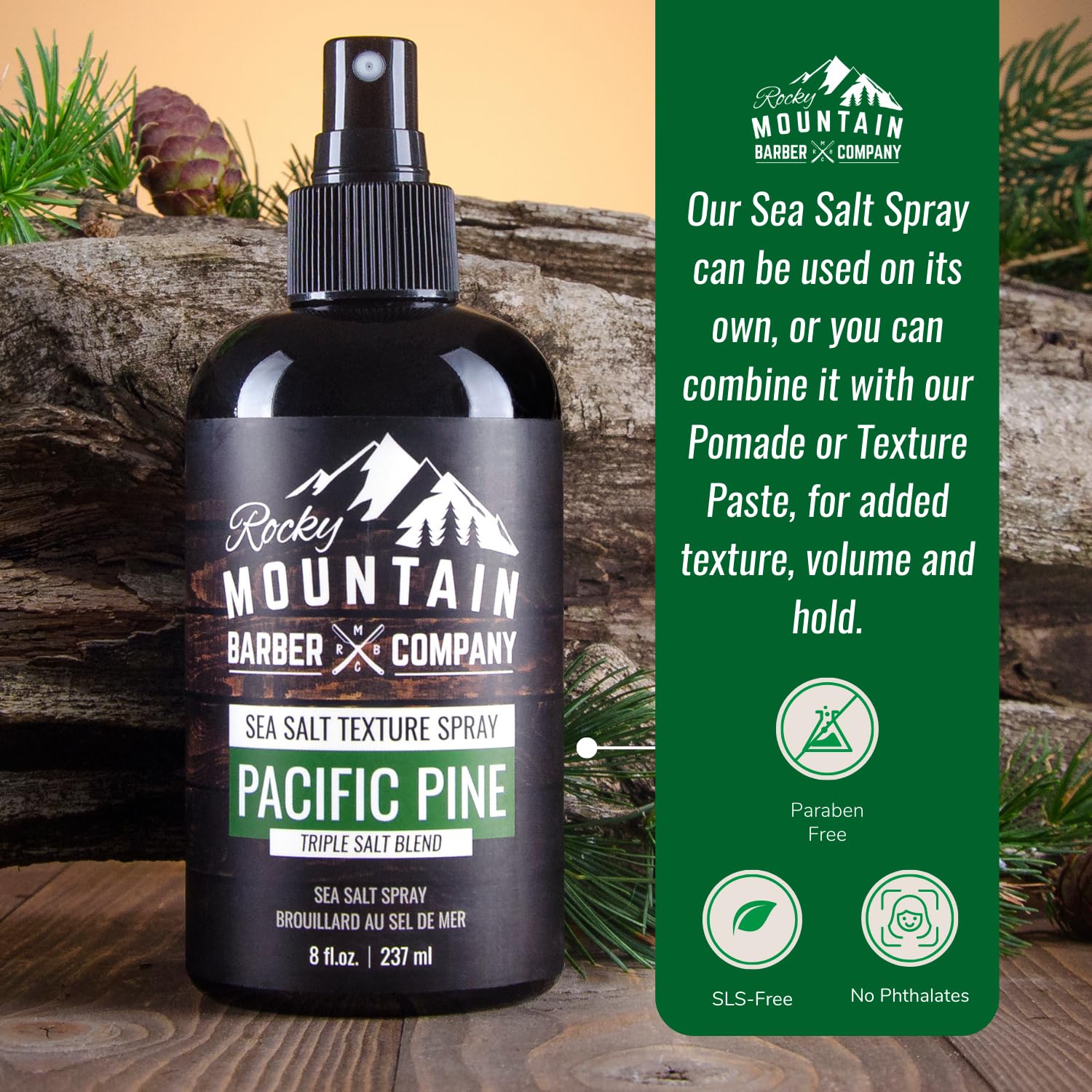 Rocky Mountain Barber Sea Salt Spray, ingredientes nutritivos cuidan el cabello durante el día