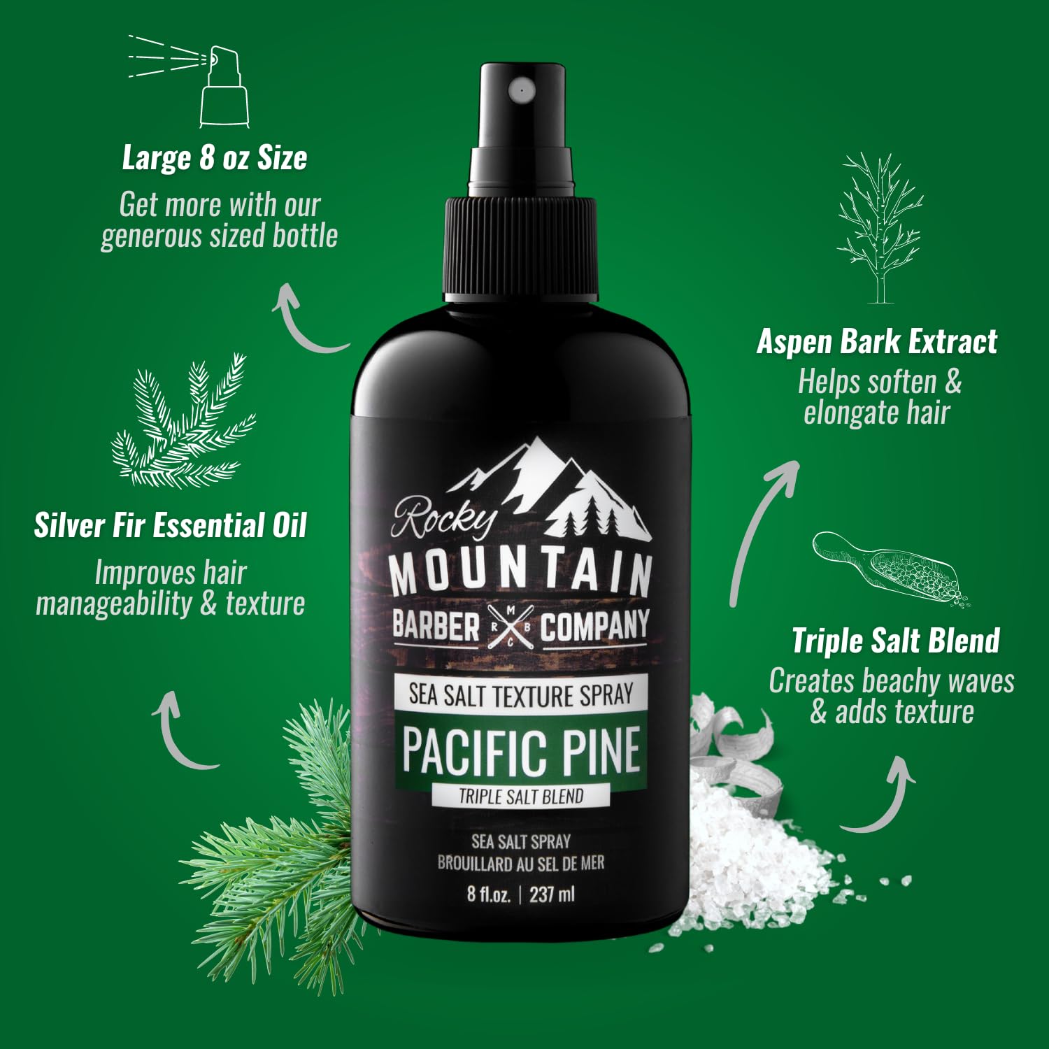 Rocky Mountain Barber Sea Salt Spray, texturiza cabello para un aspecto natural de playa