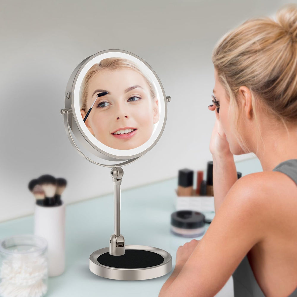 Rocollos espejo doble cara 1X y 10X para un maquillaje detallado.