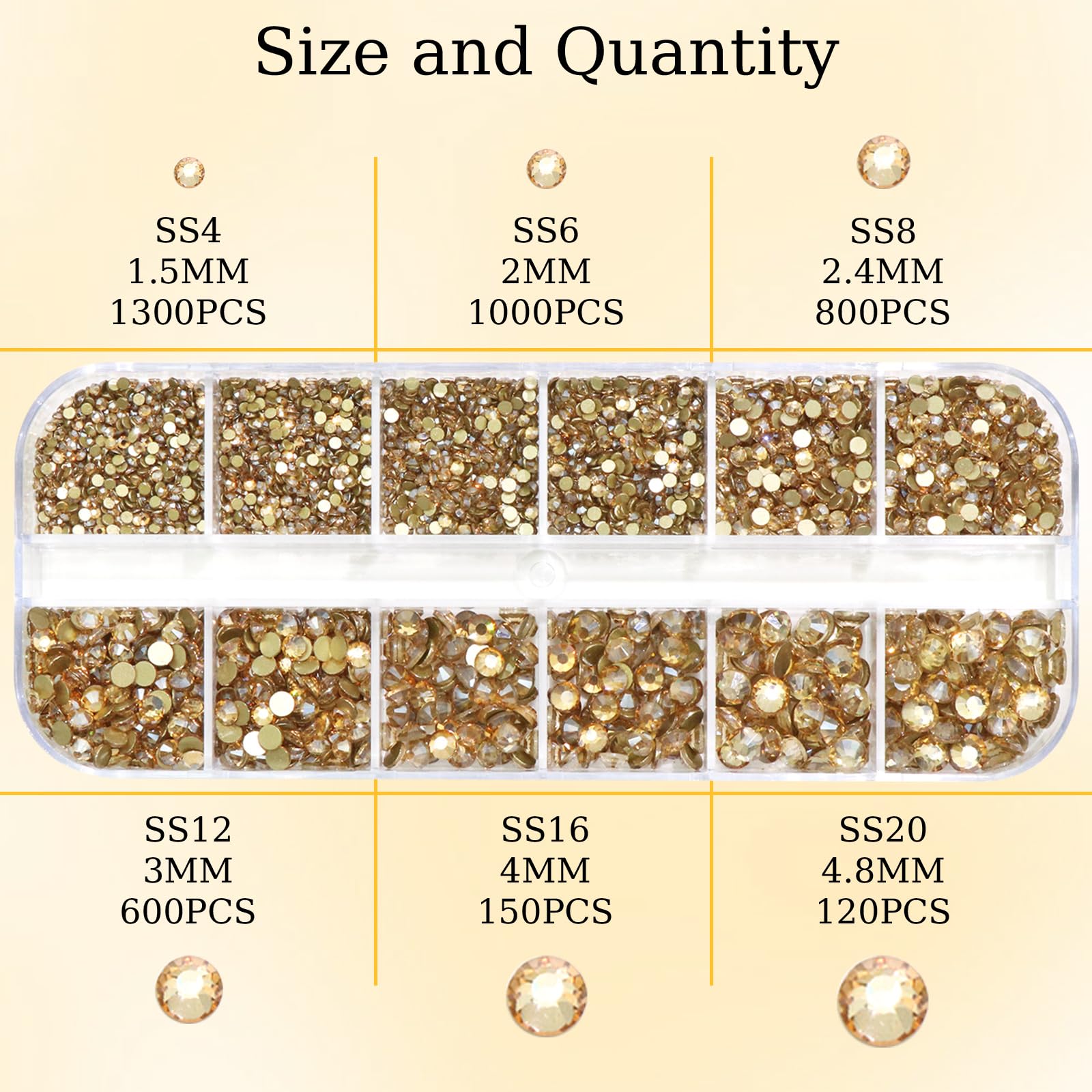 Rodaky piedras base plana oro dorado en seis tamaños para diseño versátil.