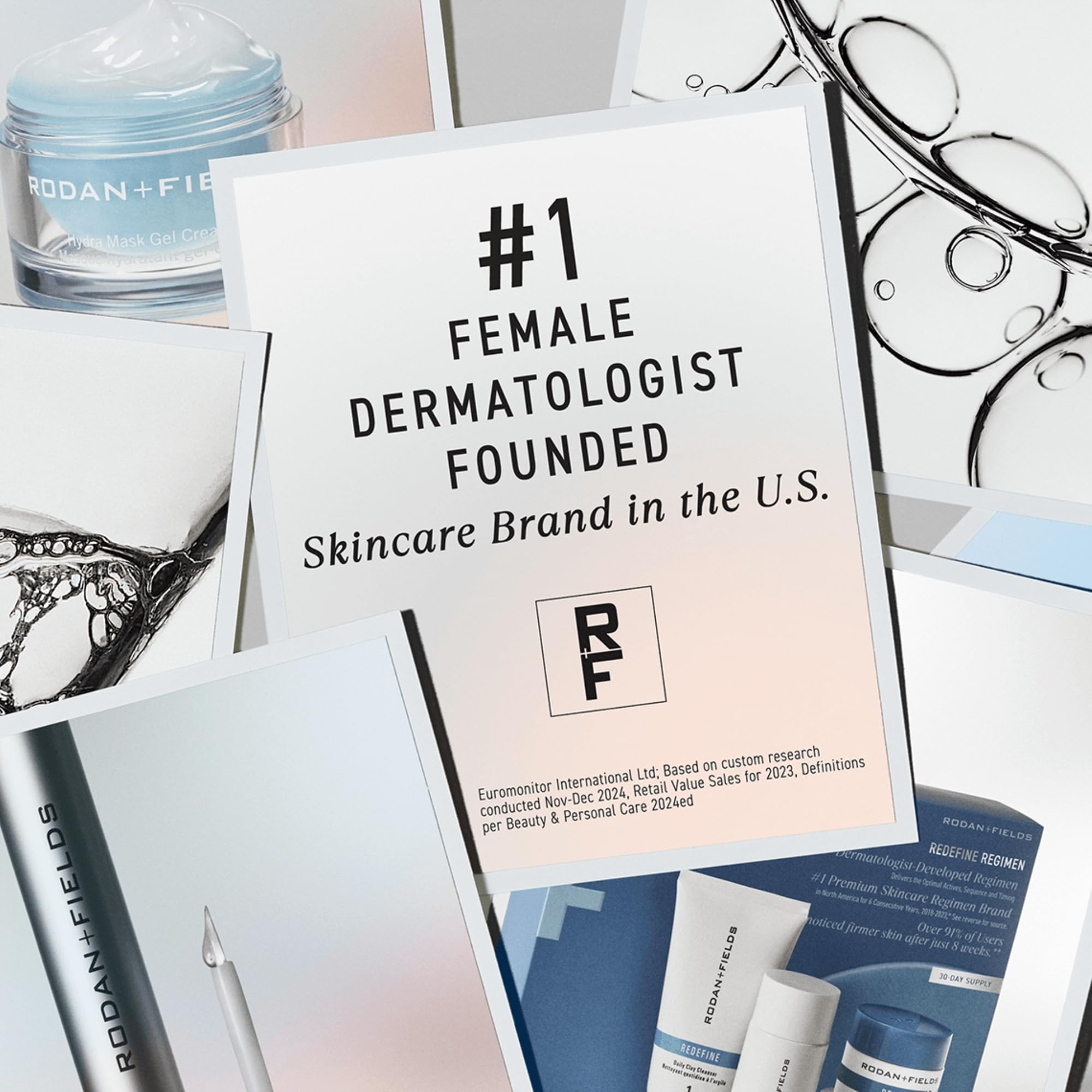 Rodan + Fields suero potenciador de pestañas, primer plano de pestañas definidas.