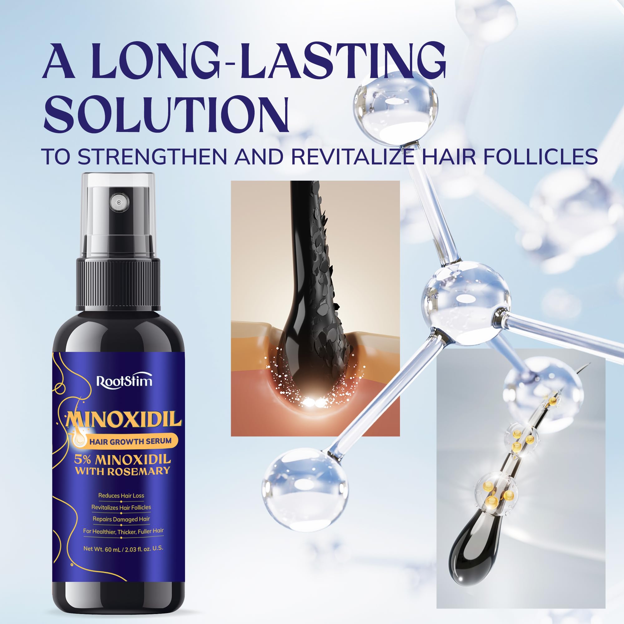 RootStim Minoxidil 5% con romero: envase transparente para ver el contenido.