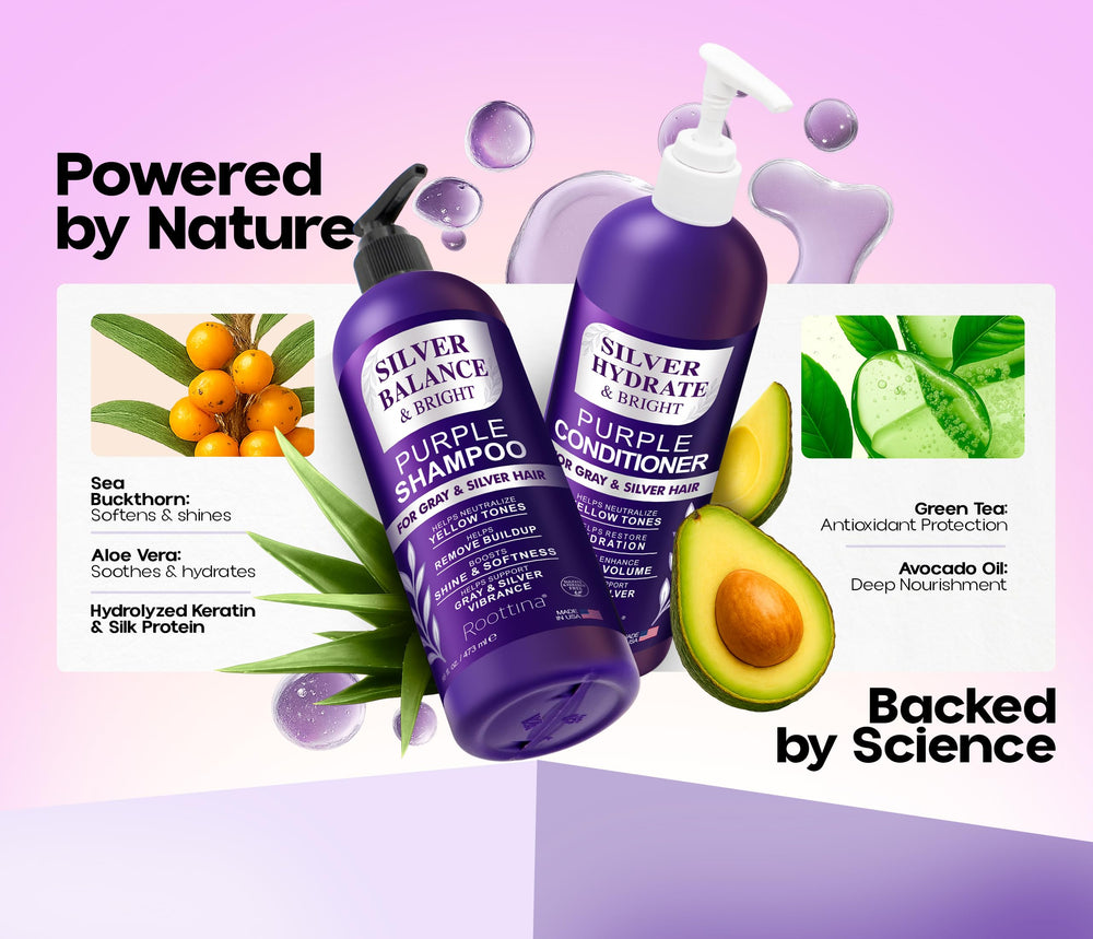 Roottina Silver Shine champú: cabello gris neutraliza tonos amarillos y brilla.