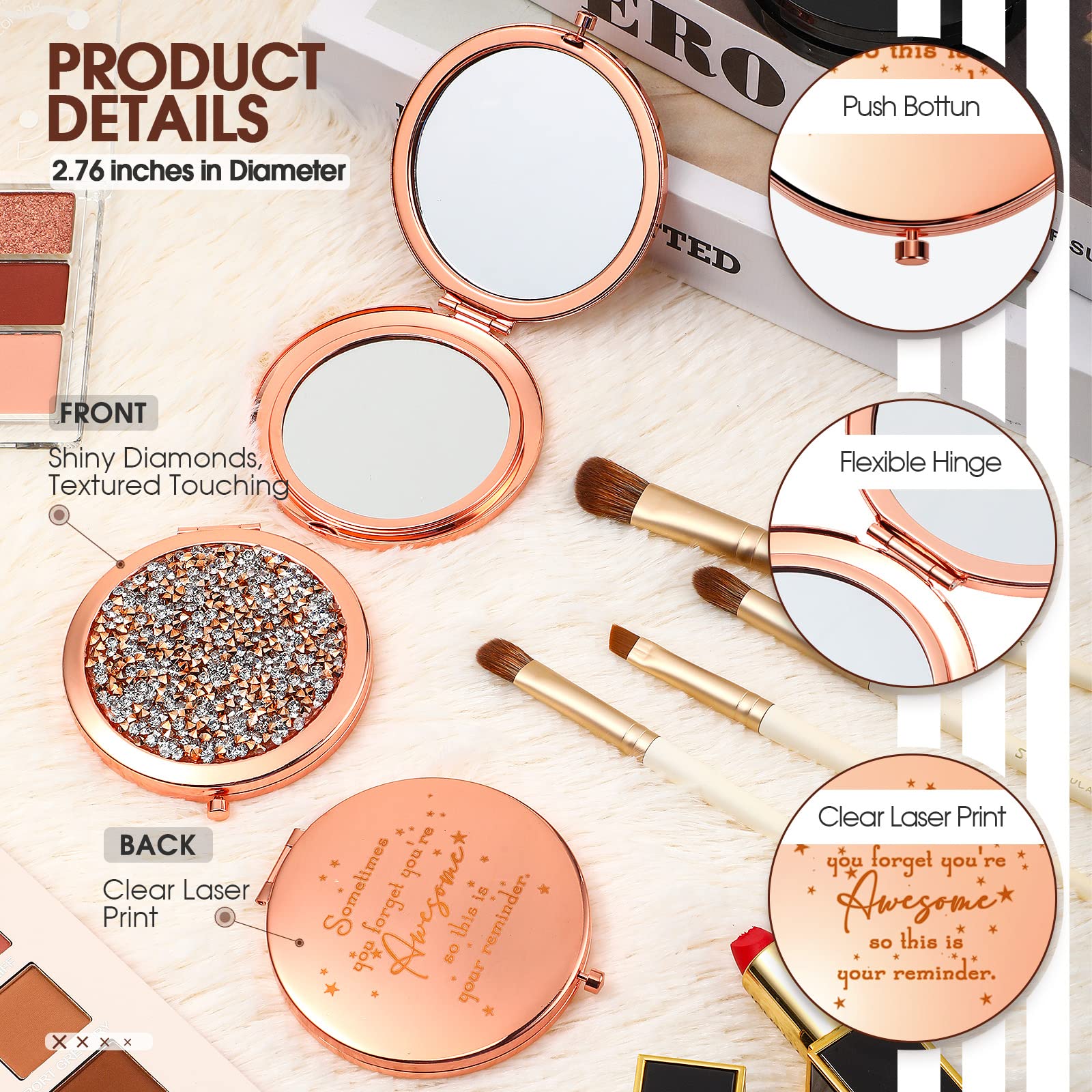 Roowest Espejo compacto con ampliación 2x para revisar detalles de maquillaje.