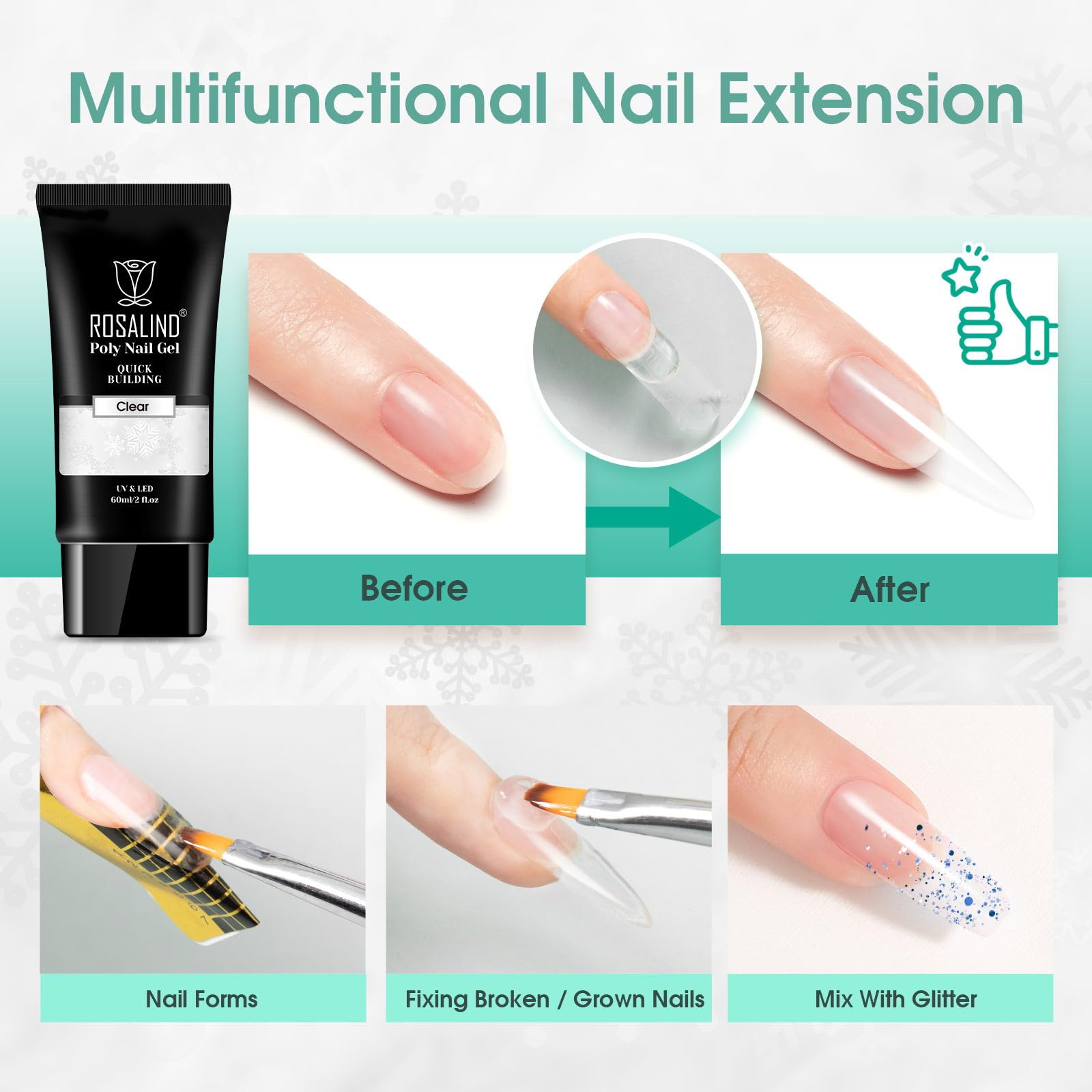 Rosalind decoraciones glitter y rhinestones sobre gel.
