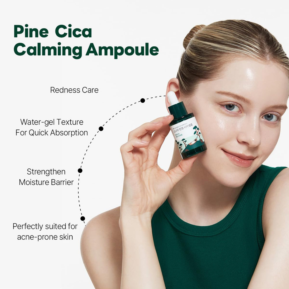 ROUND LAB Ampolla Calmante Pine Cica, textura agua-gel: absorción rápida y sensación refrescante.