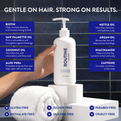 Envase transparente sin fragancia de Routine Wellness para uso diario del cabello.