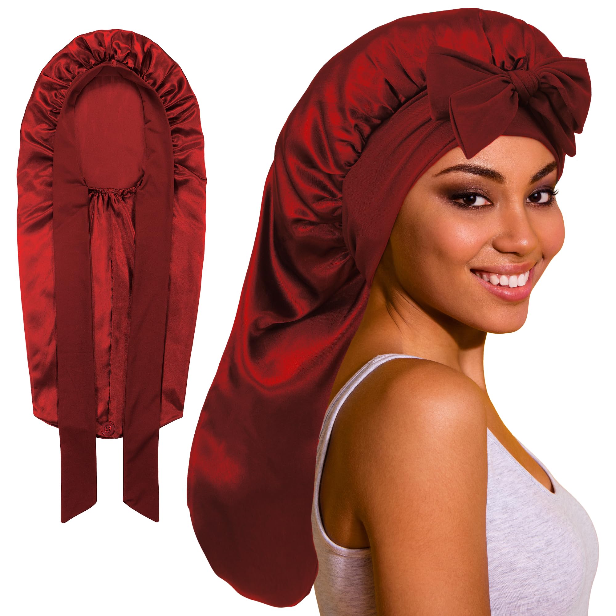 ROYBENS gorro satén largo para dormir con banda ajustable protege el cabello durante la noche