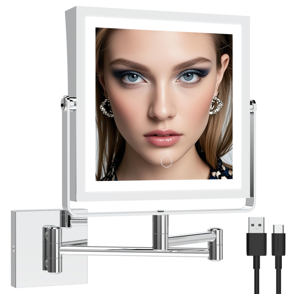 Ruacq espejo de pared con luces, vista frontal cromado para maquillaje diario.