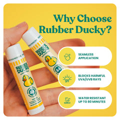 Close-up of Rubber Ducky lip balm being applied smoothly.