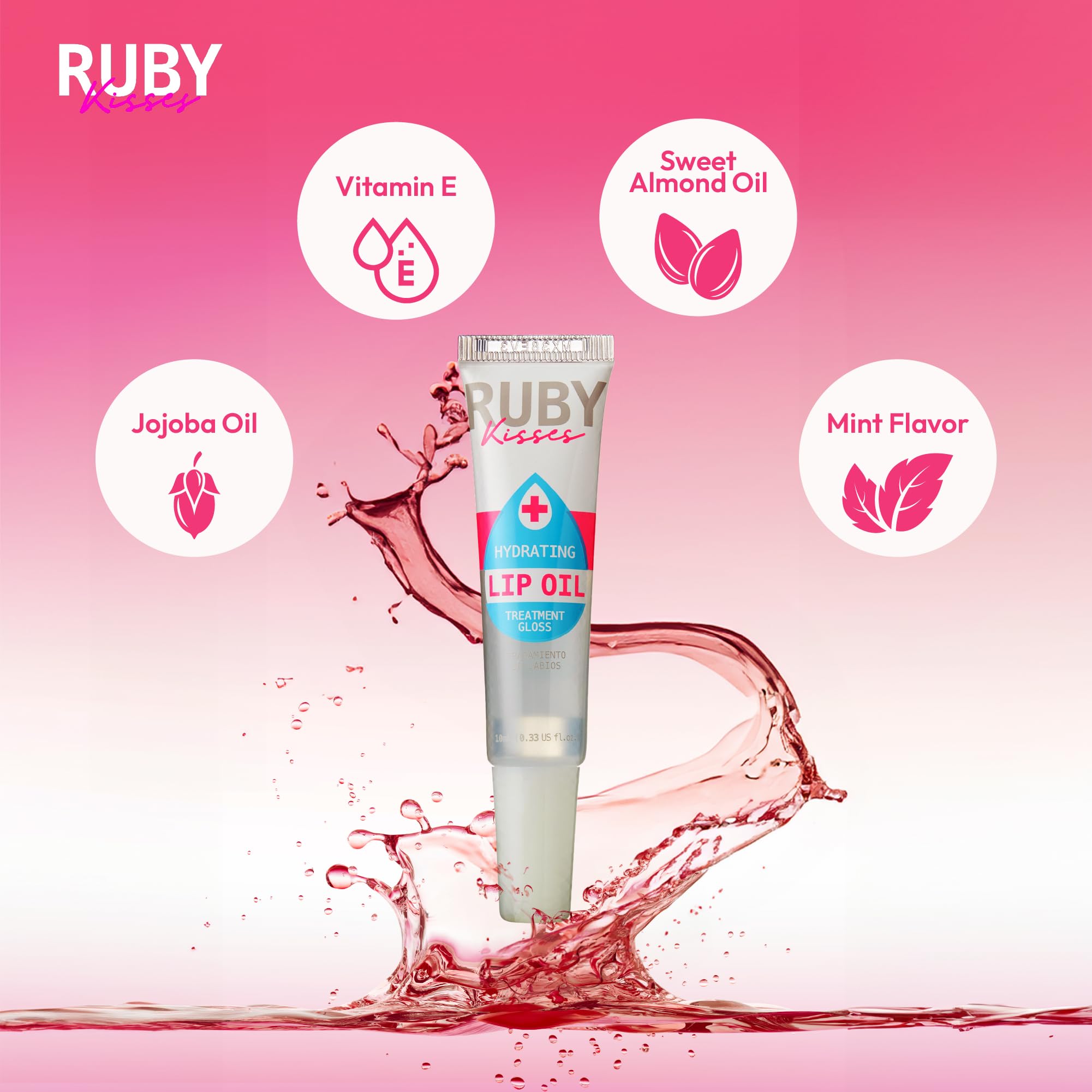 Ruby Kisses aceite labial, textura sedosa que mantiene la humedad de los labios.