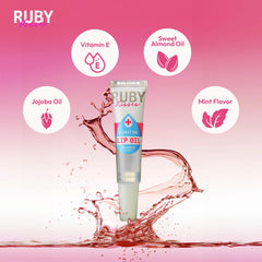 Ruby Kisses aceite labial, textura sedosa que mantiene la humedad de los labios.