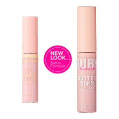 Ruby Kisses Butter Bomb Gloss textura cremosa, acabado liso sin pegar.