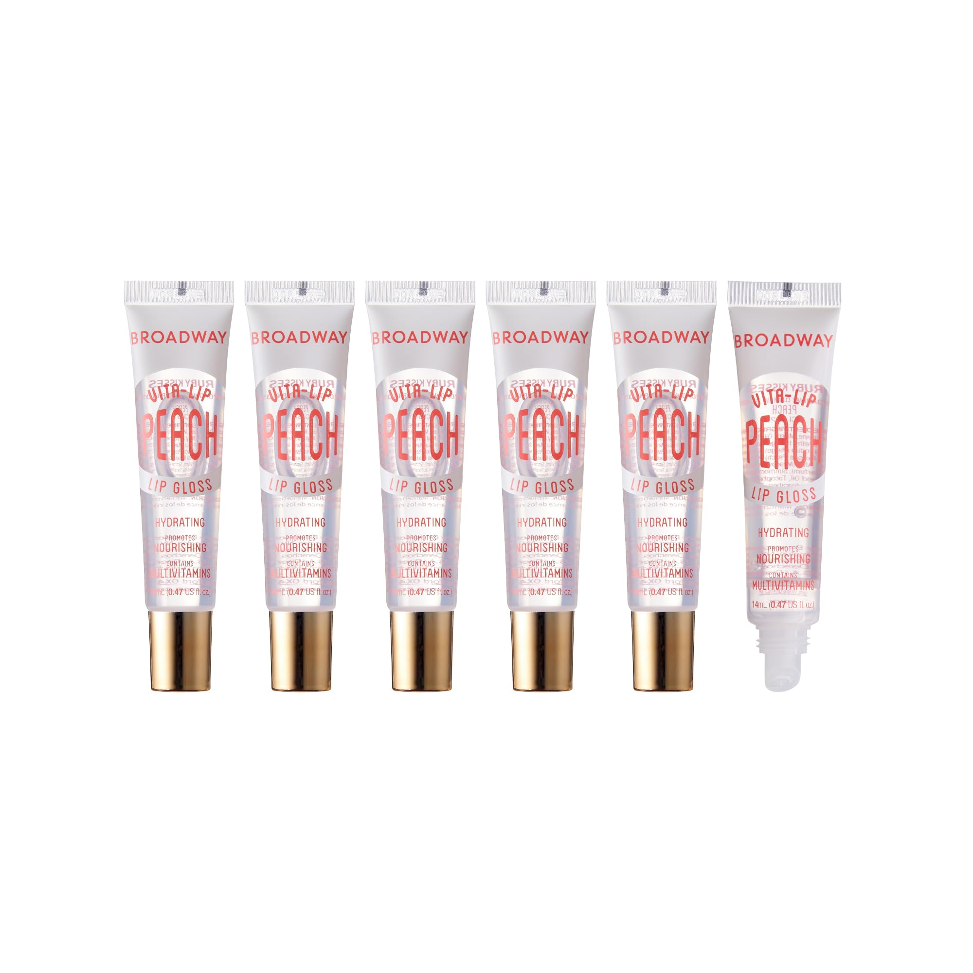 Ruby Kisses Broadway Vita-Lip envase transparente para un brillo claro e hidratante.