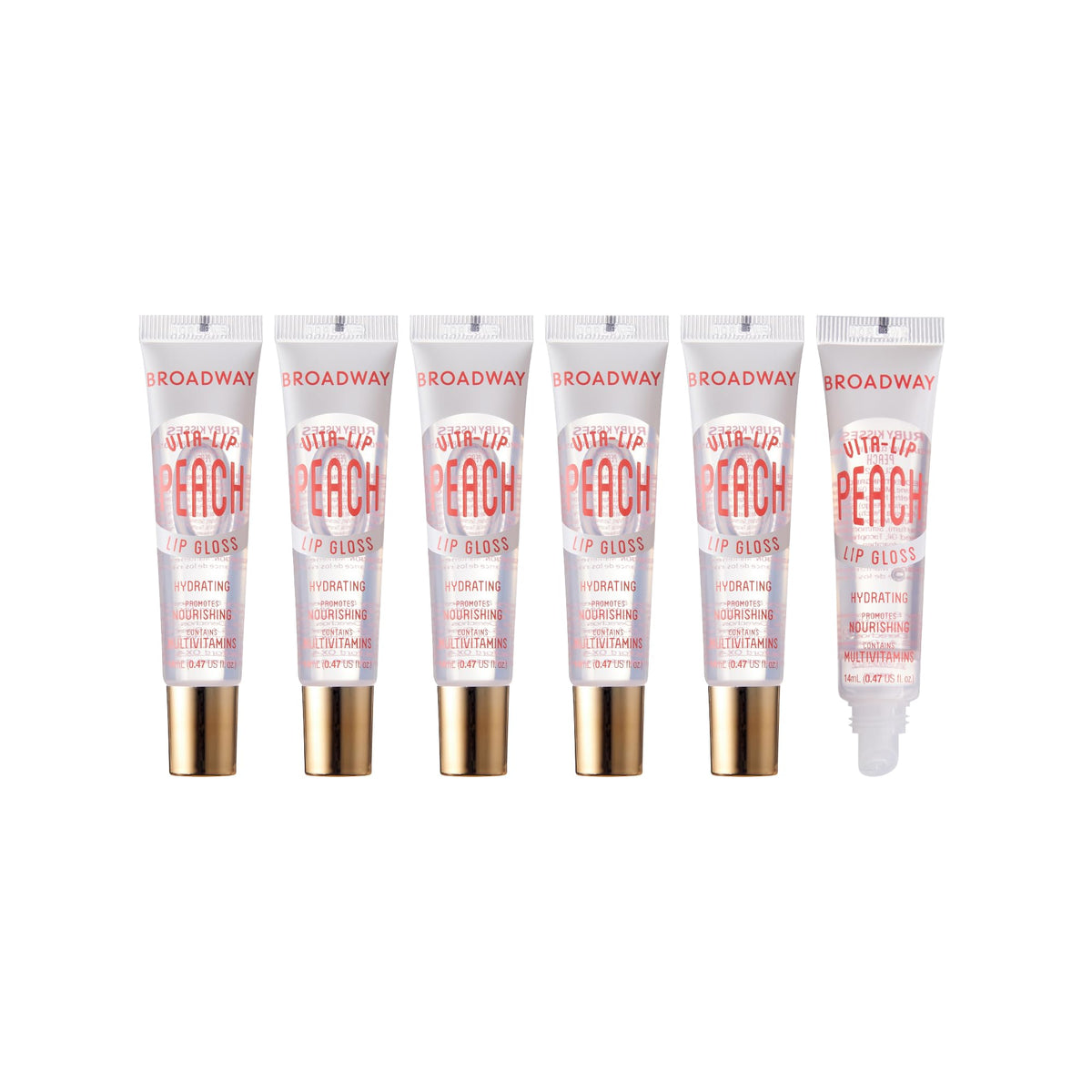 Ruby Kisses Broadway Vita-Lip envase transparente para un brillo claro e hidratante.