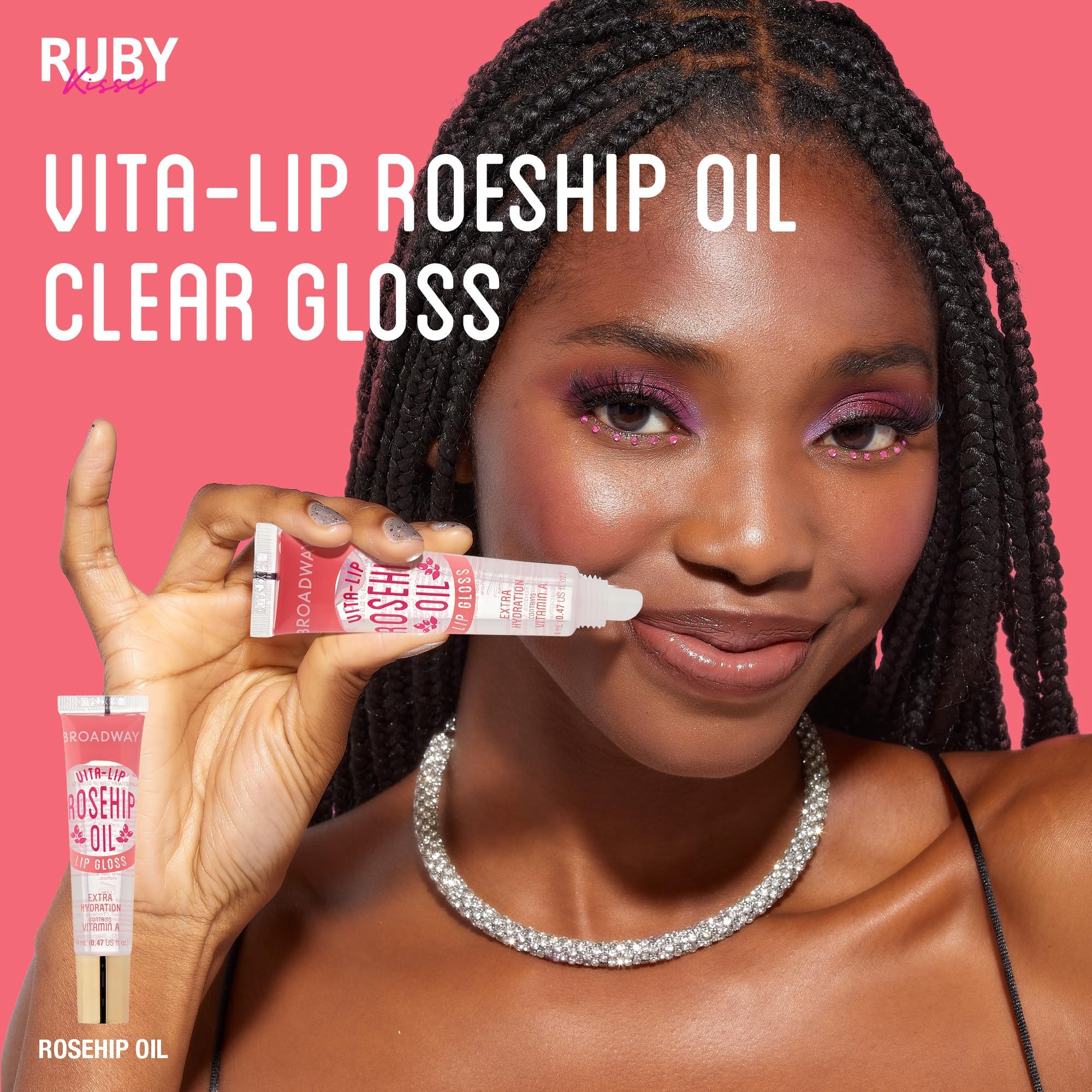 Ruby Kisses Broadway Vita-Lip Fórmula de vitaminas para labios nutridos y suaves.